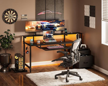 AODK Computer Desk with Drawers and Keyboard Tray, 55" Office Desk with Power Outlet and LED Lights, Reversible Study Work Desk with Printer Shelf and PC Stand for Home Office, Black