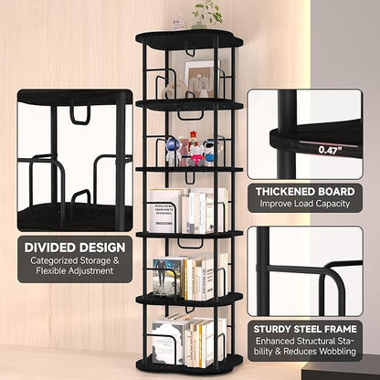 5-Tier Rotating Book Shelf, 360° Display Spinning Bookshelf Tower, Book Organizer, Floor Standing Bookcases for Small Space, Corner Book Shelf for Bedroom, Living Room, Study Room (Black)