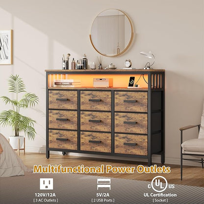 9 Drawer Dresser TV Stand up to for 50” TV with LED Lights & Power Outlets, Entertainment Center with Open Shelf, Media Console, Large Storage Dresser for Bedroom (Rustic Brown)