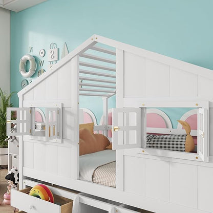 KEIKI Full Size Wooden House-Shaped Loft Bed with Roof, Windows, 4 Storage Drawers, Guardrail, Ladder, for Boys and Girls, Loft Bed with Slat, Easy Assembly, No Box Spring Required, for Bedroom, White