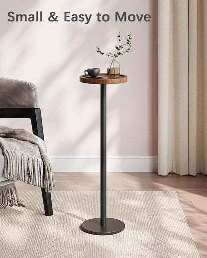 Drink Table, Small Pedestal Side Table, Round Cocktail Table, Circle End Table with Metal Base, for Small Spaces, Walnut Brown & Black
