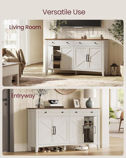 VASAGLE LIRY Collection - Buffet Cabinet, Coffee Bar Cabinet with 2 Drawers, Adjustable Shelves, Sideboard Storage with Cable Holes, Drawer Dividers, Rustic White and Honey Brown UBBK381W01
