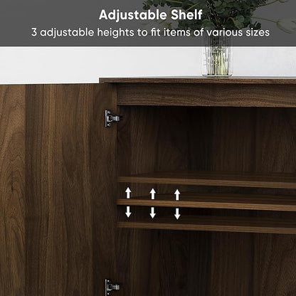 Smuxee Walnut Sideboard Cabinet, Freestanding Buffet Cabinet with Golden Metal Feet, Wood Storage Cabinet with Adjustable Shelf for Living Room, Entryway, Hallway