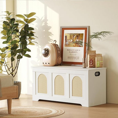 DINZI LVJ Storage Chest, 39.4" Rattan-Like Storage Box with 2 Safety Hinges, Wooden Entryway Shoe Bench with Flip-Top, Trunk for Living Room, Bedroom, Easy Assembly, White and Natural