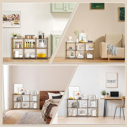 YGYQZ 3 Tier Short Book Shelf, 6 Cube Storage Shelf Organizer Bookshelf with Open Back, Long Horizontal Book Shelves for Office, Living Room, Bedroom, Rustic Brown