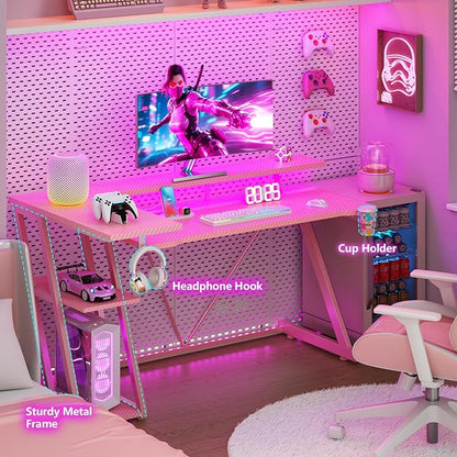 55 Inch Pink Gaming Desk with Power Outlet & LED Lights, Corner Computer Desk with 3 Tiers Storage Shelves, L Shaped Gaming Desk with Monitor Stand for Bedroom