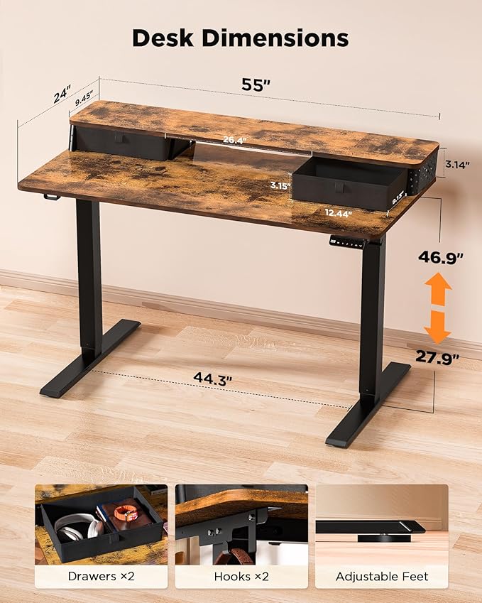 55x24 Inch Standing Desk with Double Drawers,C-Clamp Mount Compatible,Electric Adjustable Height Computer Stand Up Desks, Home Office Sit Stand Table with 3 Preset Heights & Hooks, Rustic Brown