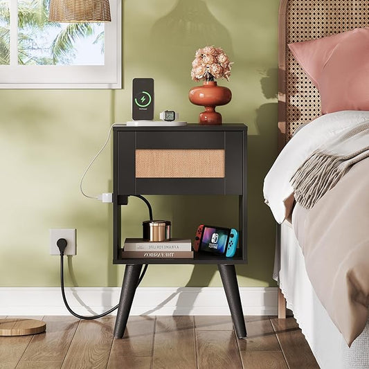 WLIVE Rattan Nightstands Set of 2 with Charging Station, Boho Nightstand, Wood Side Table, Small End Table with Drawers for Bedroom, Black