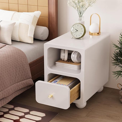 Solid Wood Nightstand, Narrow Night Stand with Drawers, White Mid Century Modern Nightstand, Small Beside Table with Open Storage Shelf for Bedroom (12 inch)
