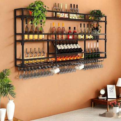 Metal Wall-Mounted Wine Rack with LED Light - 3 Tier Wine Storage Display Rack with Glass Holder - Space-Saving Bottle Display Shelf for Home Bars, Dining Rooms(Black, 39in/100cm)