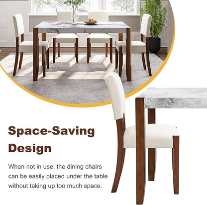 Ball & Cast 5 Piece Dining Table Set with 4 Upholstered Chairs,Wooden Living Room Furniture W/ 46" Faux Marble Style Desk,for Restaurant,Home Bistro,Off White