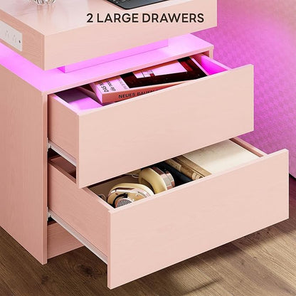 LIKIMIO Night Stand with Charging Station, Modern Pink Nightstand with LED Light and Drawers, Bedside Tables/End Table for Bedroom