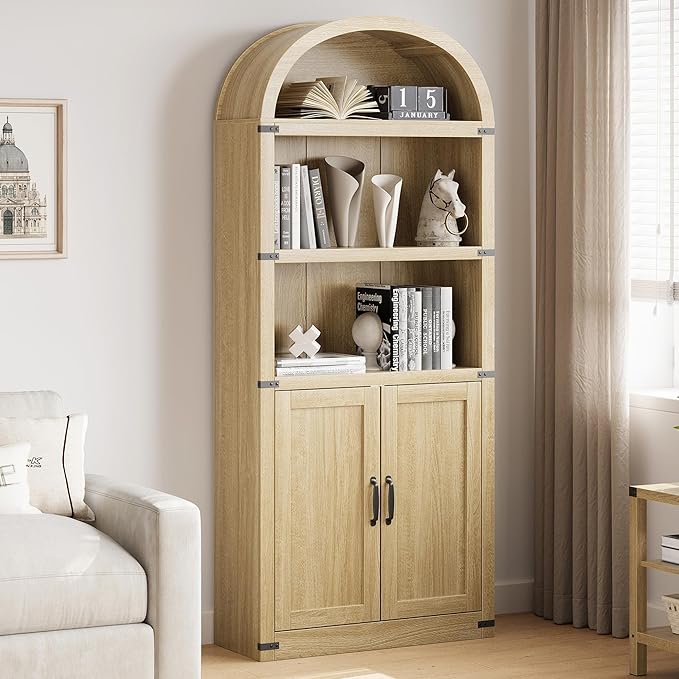 GarveeHome Bookcase with Doors Arched Bookshelf 71.65in Tall Bookcase Farmhouse Cabinet with Shelves Wooden Bookshelves for Home Office, Living Room (Light Oak)