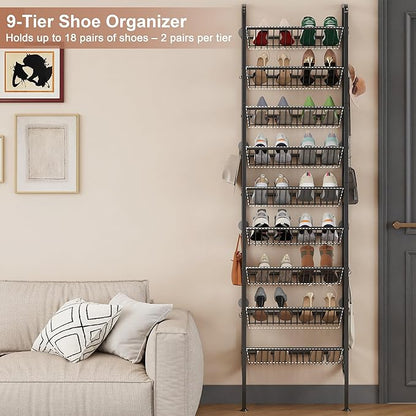 UMDONX 9 Layer Shoe Rack for 18 Pairs Shoes, Freestanding Shoe Organizer with 12 Hooks & 8 Adhesive Pads, Space-Saving Vertical Storage for Entryway and Walk-in Closet
