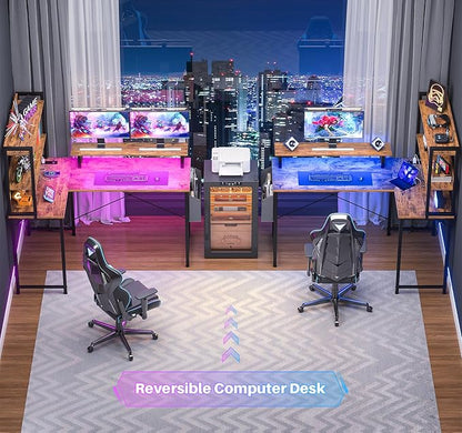 Homieasy L Shaped Computer Desk with Bookshelf, 47 Inch Reversible Corner Gaming Desk with Charging Station & Led Light, Home Office Desk with Hutch Monitor Stand Storage Shelves Bag, Rustic Brown