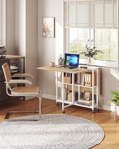 Folding Dining Table, Movable Dining Table, Kitchen Table for Small Space, Foldable and Expandable Desk Furniture with 6 Wheels, for Dining, Living Room, Apartment, White and Natural TCZ01WN