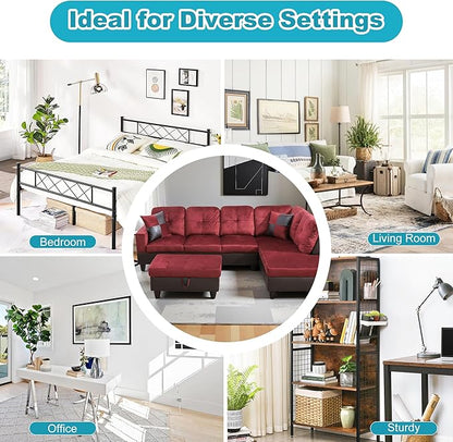 Couches for Living Room Modern L Shaped Couch Comfy Flannel Fabric 3 Pieces Sectional Sofa with Chaise, Ottoman with Storage for Office and Small Apartment, Red