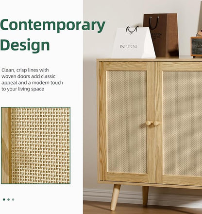 Set of 2 Rattan Sideboard Buffet Cabinets, Stylish Accent Cabinets with Adjustable Shelves & Doors, Ideal for Kitchen & Entryway Storage, Wood Oak