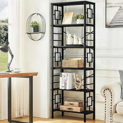HOMISSUE Tall Bookshelf, Industrial Bookshelf with Metal Frame and Open Shelves, 6 Tier Metal Bookshelves and Bookcases, Rustic Bookcase, Tall Book Shelf for Office, Living Room and Bedroom, Black