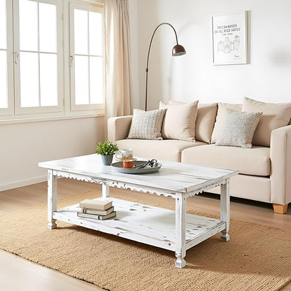 Country Cottage 42-Inch Farmhouse Coffee Table with Storage Shelf and White Antique Finish for Living Room or Family Room by Alaterre Furniture