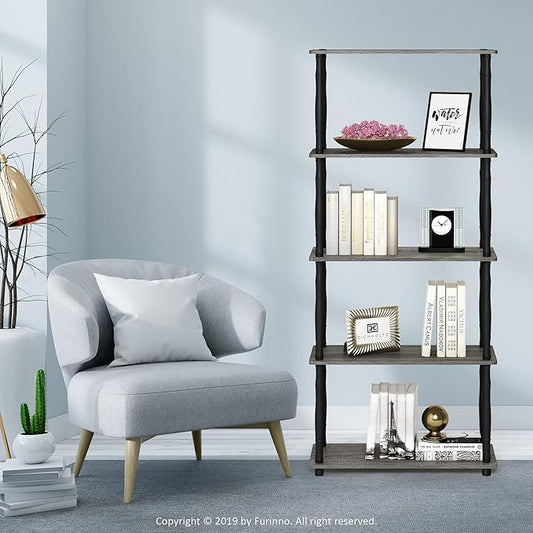 Furinno Turn-N-Tube 5-Tier Multipurpose Shelf Display Rack with Classic Tubes, French Oak Grey/Black