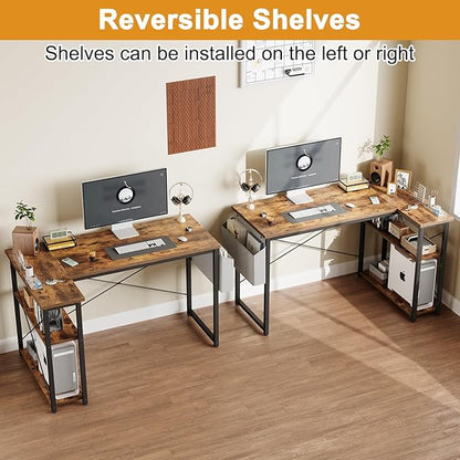 L Shaped Computer Desk with Reversible Shelves, 47 Inch Small Corner Desk with Storage Bag, Gaming Desk Computer Table Study Writing Desk for Home Office Small Space, Rustic Brown
