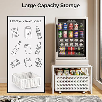 Urban Deco Mini Fridge Stand with Storage, Heavy Duty Fridge Cart with Drawer Basket, Mini Refrigerator Table for 220 LBS, Mobile Fridge Stand with Swivel Wheels for Dorm,Office,Home,White