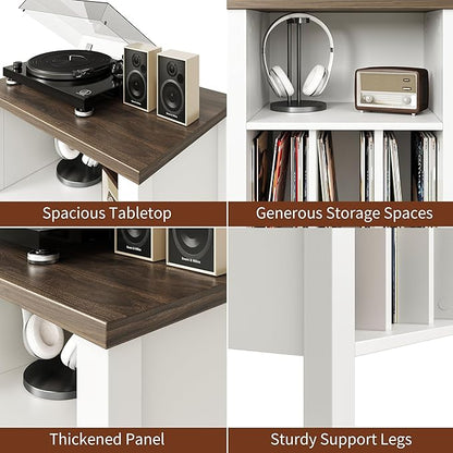 LIDYUK Record Player Stand, Vinyl Record Storage Table End Table with Display Shelf Holds up to 130 Albums, Large Nightstand Wood Turntable Stand Cabinet Side Table for Living Room, Bedroom, White