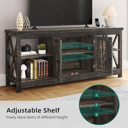 YITAHOME TV Stands for Living Room, Modern Entertainment Center with Power Outlet for Television up to 65 Inch, Farmhouse Media Console TV Cabinet with Adjustable Shelf & Open Shelves, Dark Rustic Oak