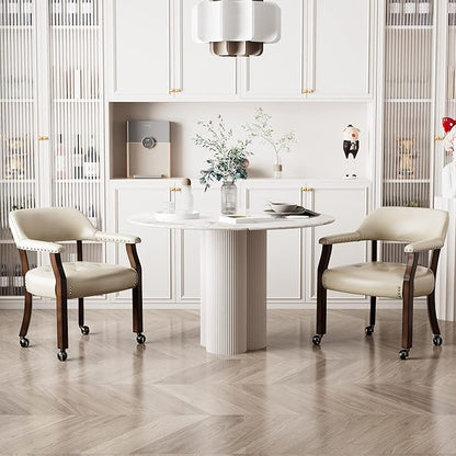 LEEMTORIG Large Dining Chairs with Casters and Arms, Rolling Dining Chairs with Wheels, Solid Wood Office Desk Chairs, 26“Dx25.2 Wx31.5“H, Espresso Legs & Beige PU, XXY-1910-BG