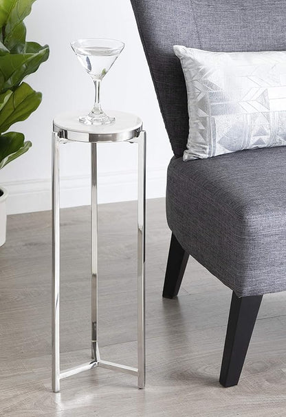 Kate and Laurel Aguilar Glam Round Drink Table, 8 x 8 x 23, Silver and White, Small Accent Table for Use as Plant Pedestal Stand with Marble Tabletop