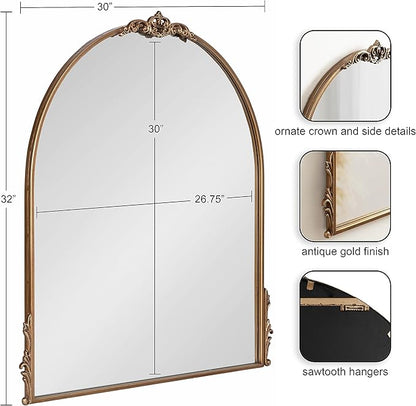 Kate and Laurel Myrcelle Traditional Arched Mirror; 30 x 32; Antique Gold; Decorative Large Vintage Arch Mirror with Ornate Garland Detailing Along The Crown and Edges of The Frame