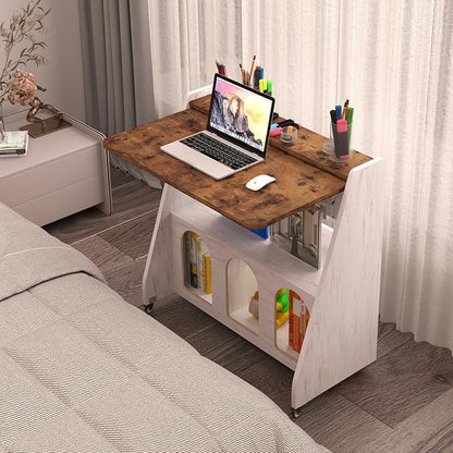 Pmnianhua Home Office Desk with Wheels,Multipurpose Mobile Workstation,Rolling Computer Writing Desk with 4 Lockable Wheels and Storage(Rustic Brown)