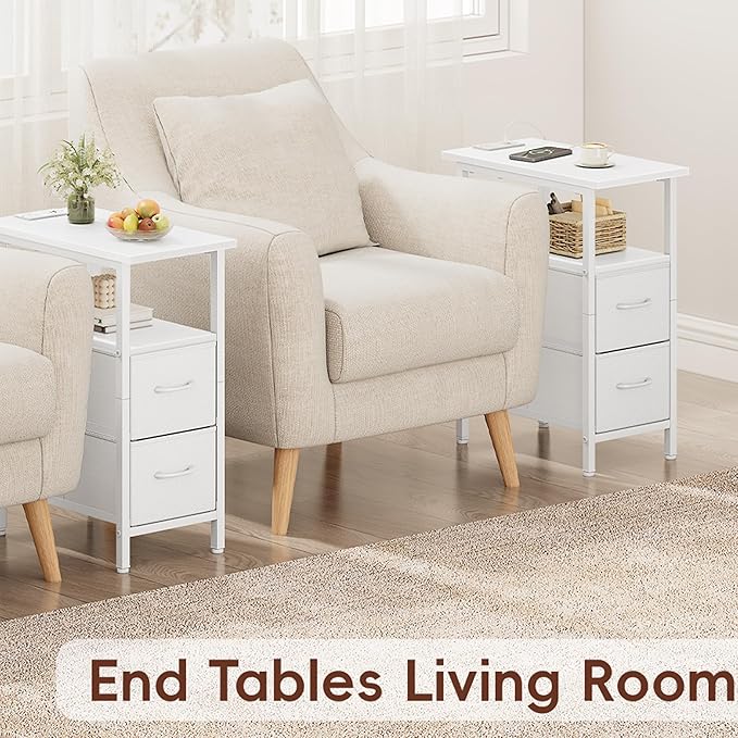 Vagusicc End Table with Charging Station Set of 2, Narrow Side Table, 23.8'' Tall Nightstand with 2 Drawers, Small Sofa Side Table Narrow Nightstand for Small Spaces, Living Room, Bedroom, White