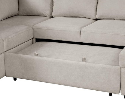 109" U-shaped Sectional Pull-out Sofa Bed with Storage Chaise,2-in-1 Convertible Couch W/ 4 Back Pillow & 2 USB Ports,Luxurious Sleeper Furniture Set for Living Room Large Space,Beige Chenille