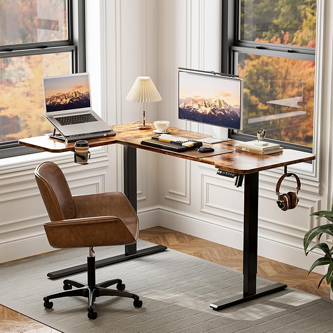59 Inch L Shaped Standing Desk Adjustable Height, Electric Corner Standing Desk, Sit Stand Computer Table with Reversiable Splice Board, Rustic Brown