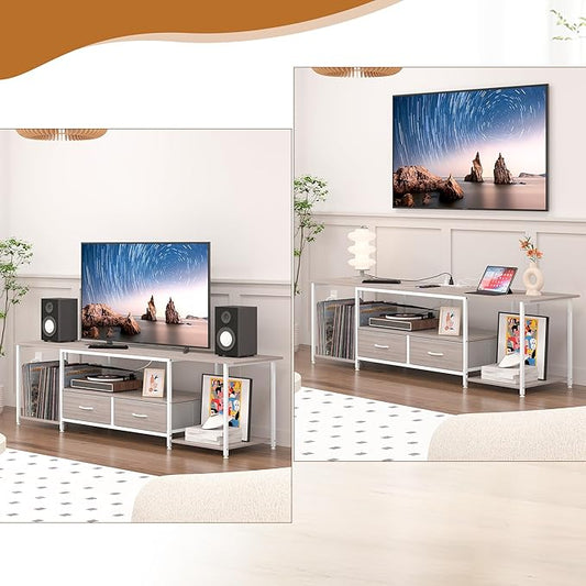 TQVAI 70 Inch TV Stand - Farmhouse Entertainment Center with Fabric Drawers Storage & Charging Station, Media Console Table for Bedroom, Living Room, Retro Grey/White