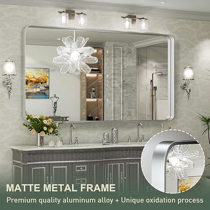 TokeShimi 55 x 36 Inch Brushed Silver Mirror Wall Mirror for Bathroom Black Metal Frame Decorative Rectangular Wall Mounted Home Decor Corner Hangs (Horizontal/Vertical)