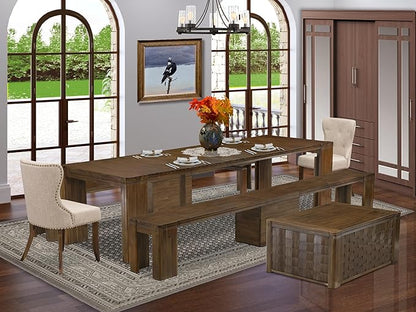 X02SI-2C8-04 - 6 pc Modern Dining Set contains an Extendable Rectangle Kitchen Table, 1 Coffee Table, 2 Dining Chairs and 2 Modern Benches, 39x120 Inch, Antique Walnut