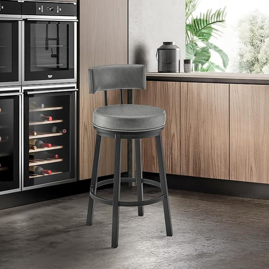 Armen Living Dalza Swivel Counter or Bar Stool in Black Finish with Grey Faux Leather