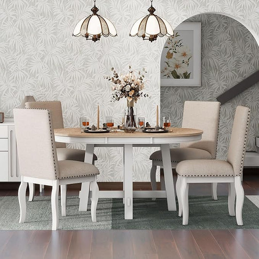 Ball & Cast 5 Piece Dining Table Set with 4 Upholstered Curved Legs Chairs,Living Room Furniture W/ 43" Round Extendable Desk,for Restaurant,Home Bistro,Oak Natural Wood + Antique White