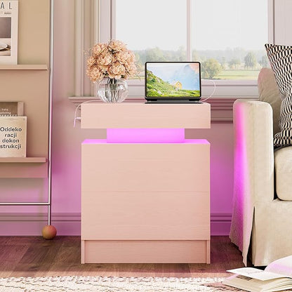 LIKIMIO Night Stand with Charging Station, Modern Pink Nightstand with LED Light and Drawers, Bedside Tables/End Table for Bedroom