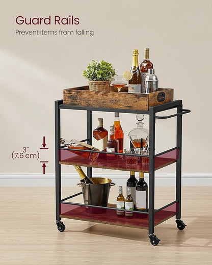 VASAGLE Kitchen Serving Cart with Removable Tray, 3-Tier Kitchen Utility Cart on Wheels with Storage, with Brakes, Leveling Feet, 15.7 x 28.3 x 33.9 Inches, Rustic Brown and Black ULRC72X