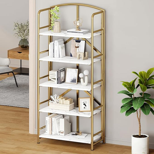 No-Assembly Folding Gold Bookshelf Storage Shelves 5 Tiers Vintage Multifunctional Plant Flower Stand Storage Rack Shelves Bookcase for Home Office