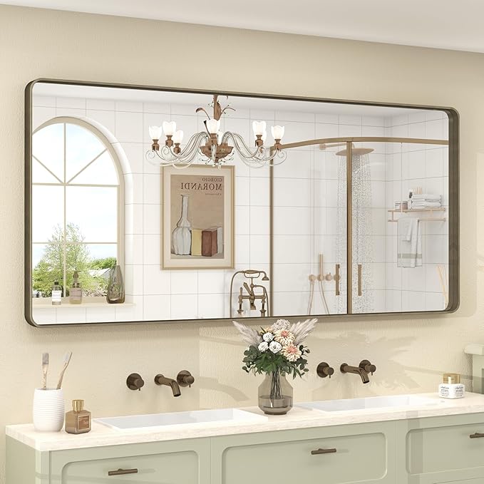 60x28 Bronze Bathroom Mirror for Wall, Brushed Bronze Metal Framed Bathroom Vanity Mirror, Rounded Corner, Shatterproof, Anti-Rust (Horizontal/Vertical)