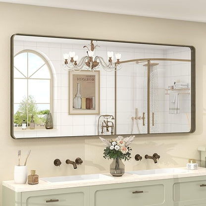 60x28 Bronze Bathroom Mirror for Wall, Brushed Bronze Metal Framed Bathroom Vanity Mirror, Rounded Corner, Shatterproof, Anti-Rust (Horizontal/Vertical)