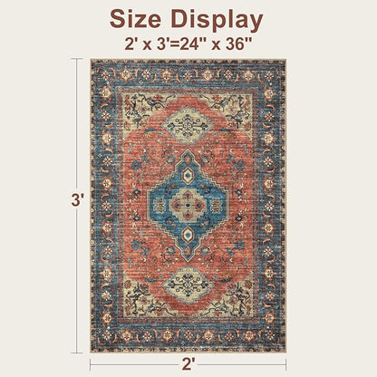 Tangsoo Washable Entryway Rugs 2x3 Vintage Non Slip Small Area Rug, Indoor Front Door Rug, Print Distressed Door Mat Indoor Entrance Soft Low Pile Throw Rug for Entry Kitchen BedroomTerracotta