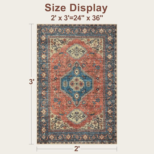 Tangsoo Washable Entryway Rugs 2x3 Vintage Non Slip Small Area Rug, Indoor Front Door Rug, Print Distressed Door Mat Indoor Entrance Soft Low Pile Throw Rug for Entry Kitchen BedroomTerracotta