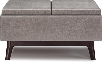 SIMPLIHOME Owen 34 inch Wide Mid Century Modern Rectangle Tray Top Small Coffee Table Storage Ottoman in Distressed Grey Vegan Faux Leather, Assembled, For the Living Room, Entryway and Family Room
