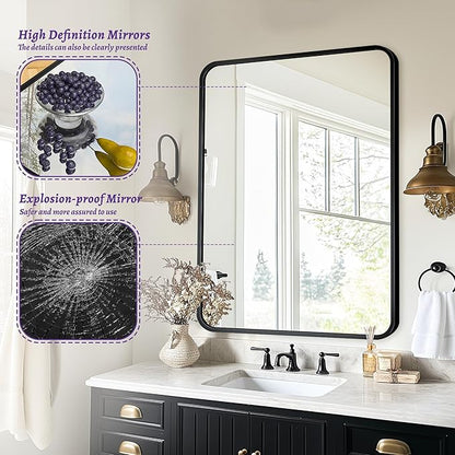 Bathroom Mirror, 40" x 30" Wall Mirror, Rectangular Aluminum Alloy Frame Contemporary Hanging Mirror for Living Room Bathroom Entryway, Black Rounded Corner